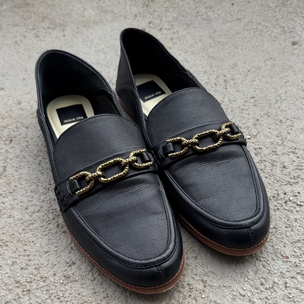 Dolce Vita Black Loafers with Gold Chain Accent